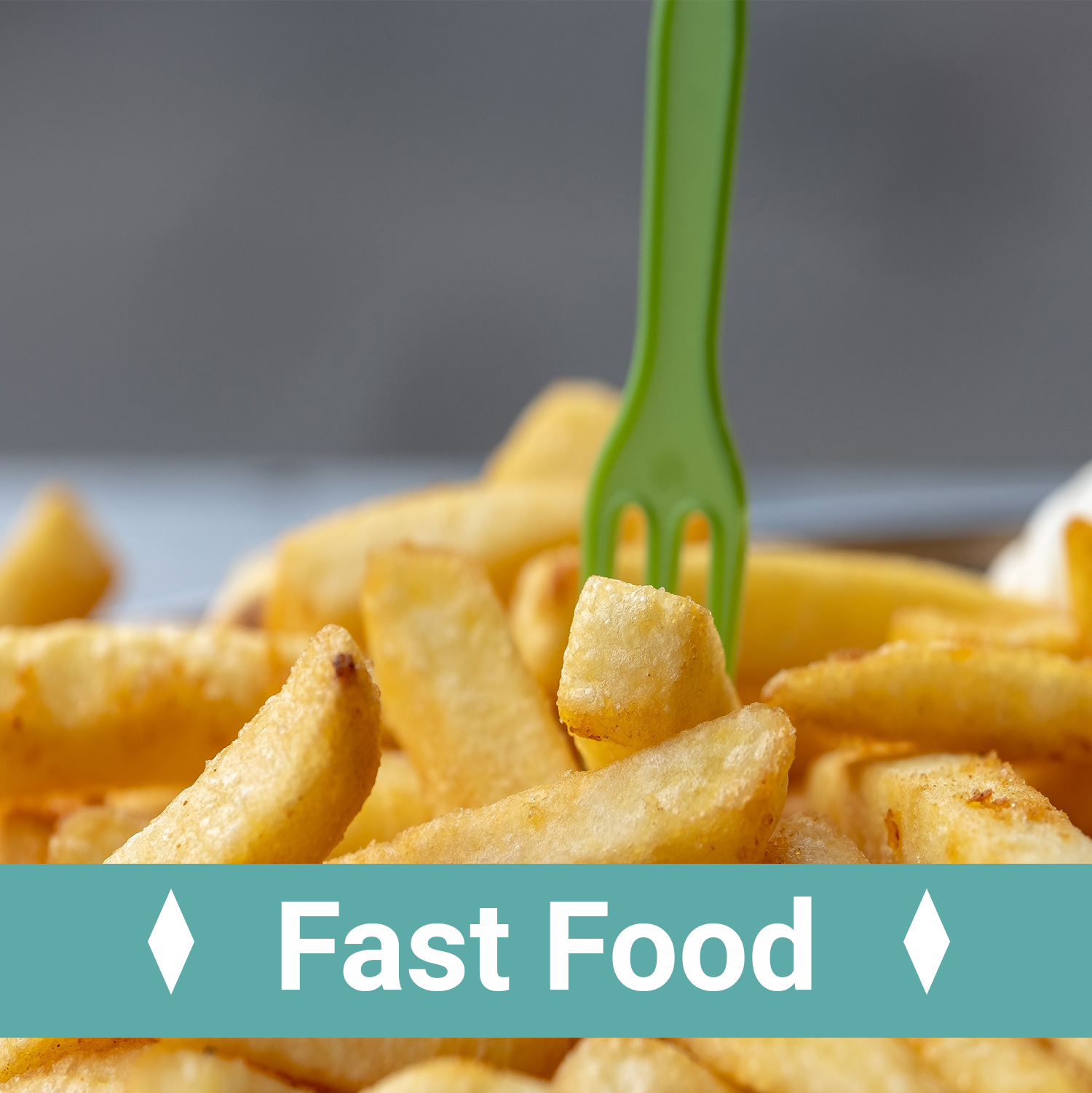 close up of french fries with the text, fast food