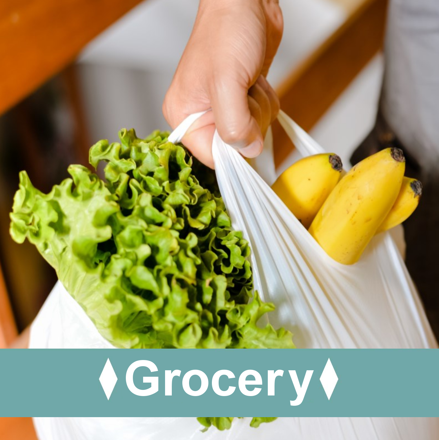 close up of a hand holding a bag of groceries with text over top reading, grocery